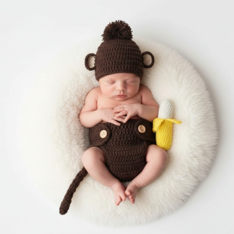 Photography Outfits - 赤ちゃんの写真撮影小道具 手作りの猿のバナナコスチューム 新生児の写真撮影衣装 かわいい動物セット
