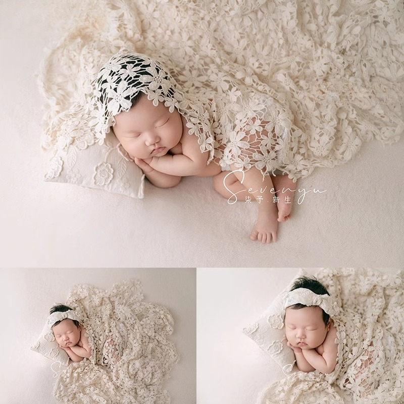 Photography Outfits - 新生児写真撮影用小道具 女の赤ちゃん用 ホワイト背景 花柄ヘッドバンド 中空衣装 ブランケット枕セット