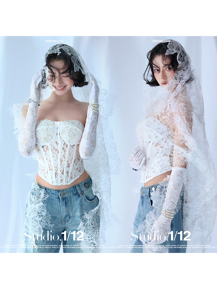 Photography Outfits - 新着カスタマイズ可能な高級レースクロップトップとデニムパンツの写真撮影用衣装セット、スタジオアートやポートレート撮影に最適