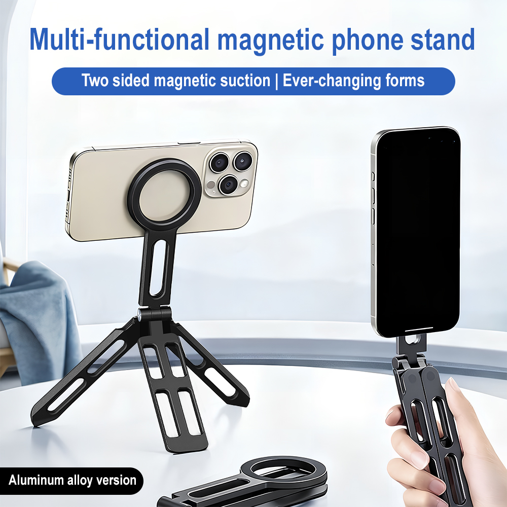 Photography Outdoor - マグネット式スマホホルダー 四軸360度回転 ° 回転折りたたみ式自撮り棒 アルミ合金製ポータブルポケット三脚スタンド Vlogライブ用